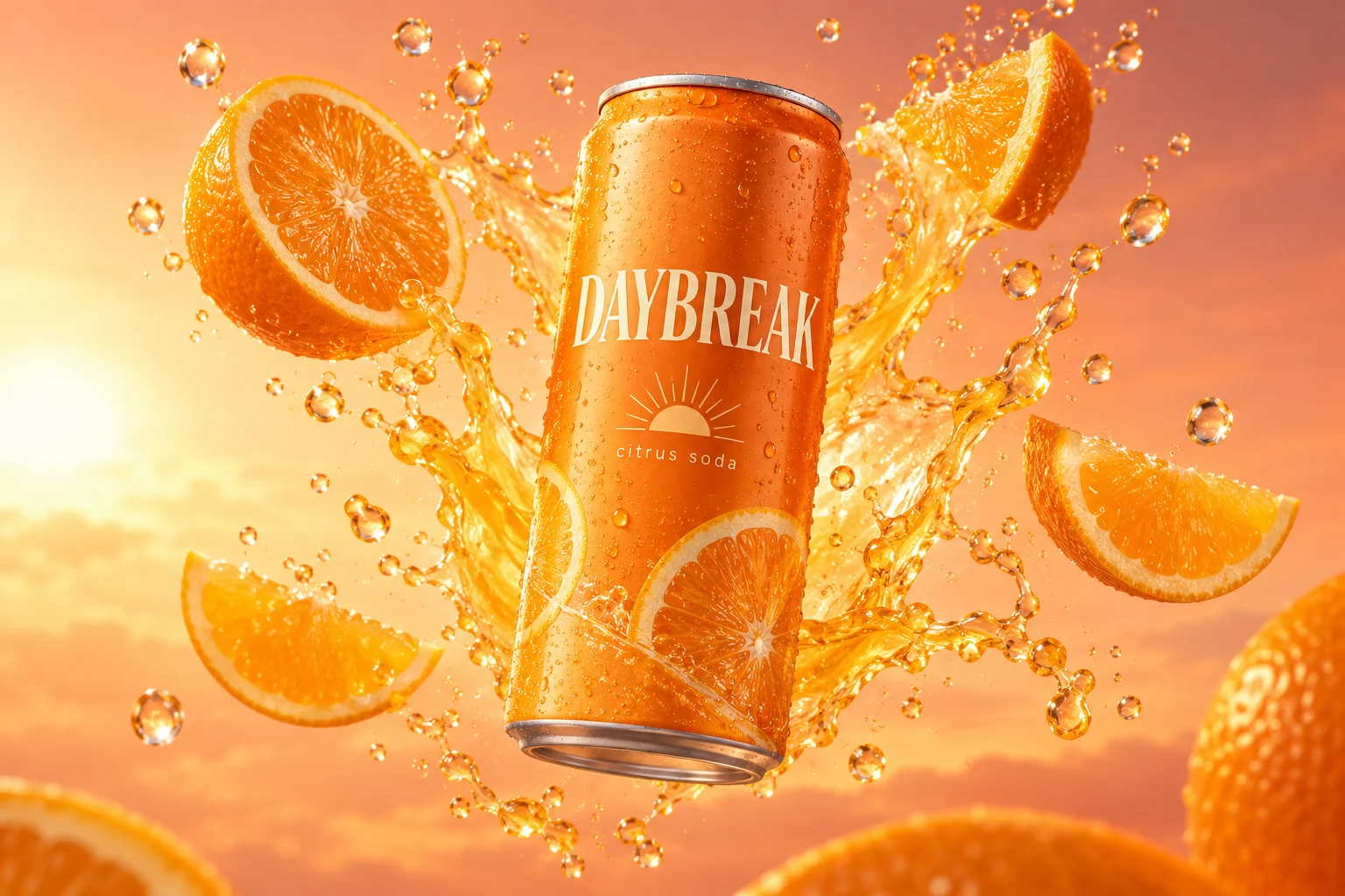 오렌지와 물방울 사이에 떠 있는 DAYBREAK 음료 캔 자체 광고 시안