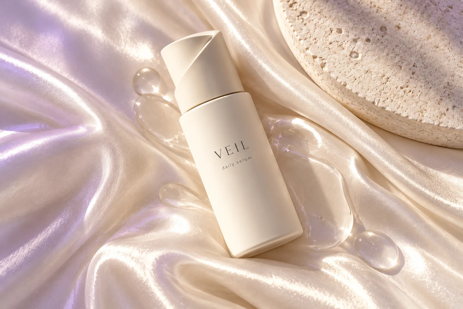 아이보리 세럼 용기와 진주빛 패브릭으로 구성한 VEIL 자체 광고 시안