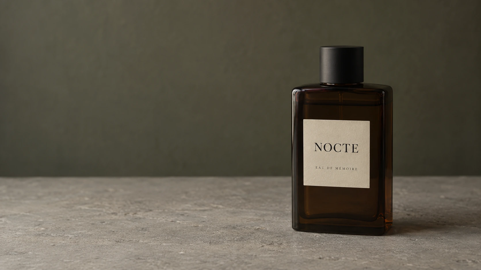돌 위에 놓인 짙은 앰버색 NOCTE 향수병. 작은 검은 캡과 크림색 라벨.